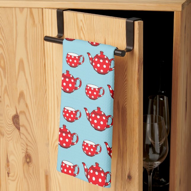 Spotty Red Tekanna och Kopp Mönster  Kökshandduk (Thirds Fold)