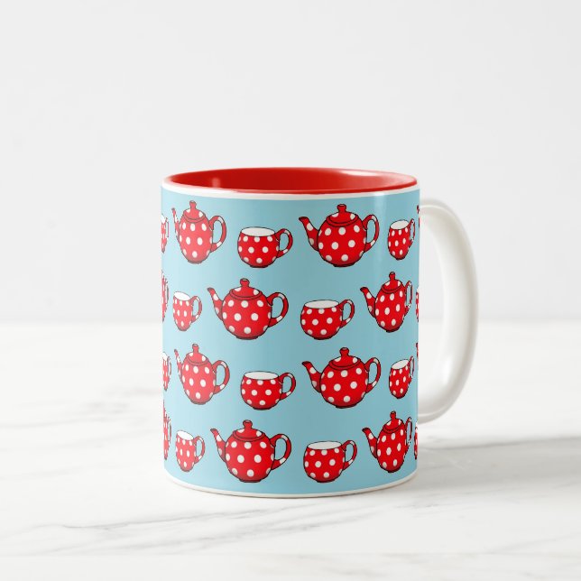 Spotty Red Tekanna och Kopp Mönster på Blue (Framsida höger)