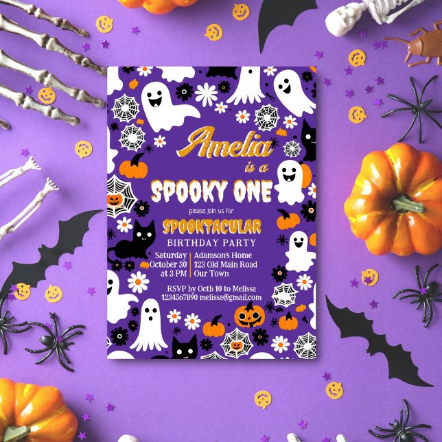 Sppoky en Halloween-daisy för födelsedagskalv Inbjudningar (Spooky one groovy Halloween retro daisies ghosts spiderwebs black cat cute template invitation )