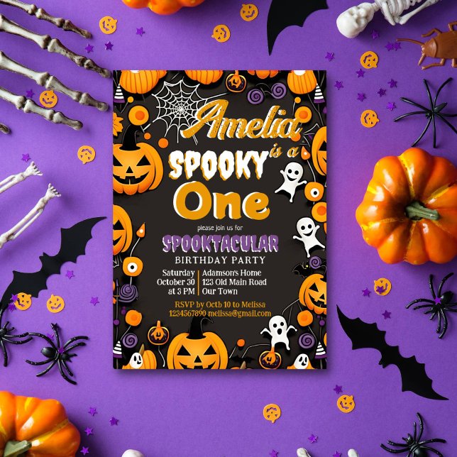 Sppoky en Halloween-födelsedagskalenderretro Inbjudningar (Spooky one Halloween birthday party template invitation instant download baby ghosts jack o lanterns)