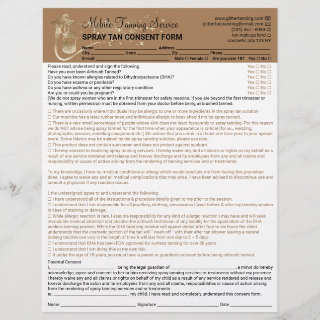 Spray Tan Ansvarsfriskrivning Samtycke Waiver Form Reklamblad (Framsidan)