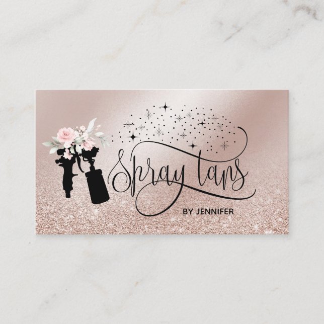 Spray tan script glitter guld blommigt visitkort (Framsida)