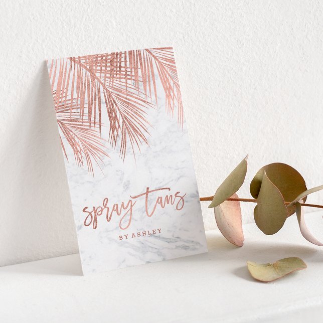 Spray tans-skript ro guld handflatan träd löv marm visitkort (Spray tans script rose gold palm tree leaf marble business card)