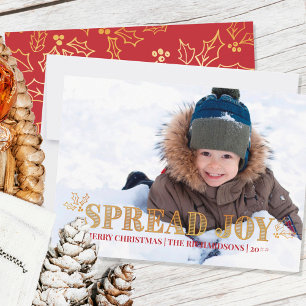 Spread Joy Holly Red och Guld Fullt Bleed Photo Julkort
