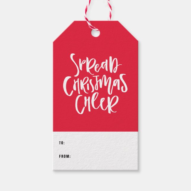 Spread jul Cheer Hand Lettered Red Helgdag Presentetikett (Framsidan)