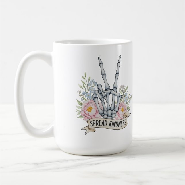 "Spread Kindness" Skeleton Peace Sign – Watercolor Kaffemugg (Vänster)