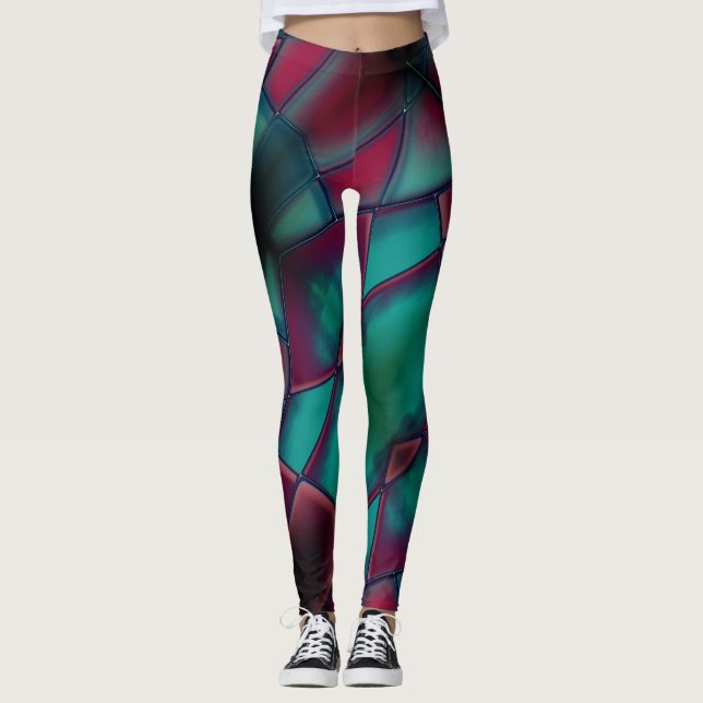 Sprickad burgundi och stark cyan i trapezoidal leggings (Framsida)