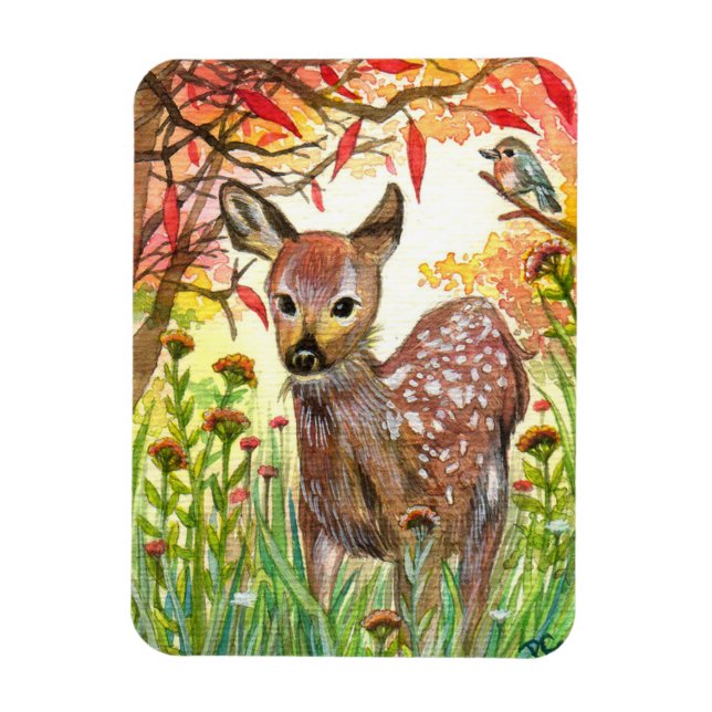 Sprickad Hjort och småfåglar Magnet (Vertikal)