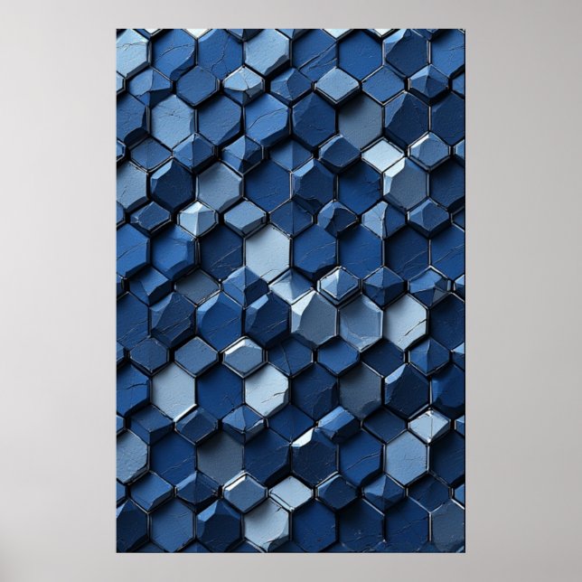 Sprickade hexagonala plattor: Abstrakt blå geometr Poster (Framsidan)