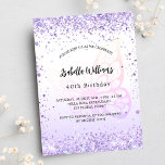 Sprickskript för fjäril violett lavender inbjudan vykort<br><div class="desc">För en elegant 40:e (eller någon ålder) födelsedagsfest. En vit och violett övertoningsbakgrund för chic. Dekorerad med violett faux glitter,  gnistor och en stor fjäril. Anpassa och lägg till information om namn och party. Namn är skrivet med ett handskript i stil</div>