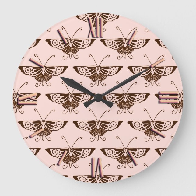 Sprid Art Deco-fjäril - choklad och persikor Stor Klocka (Framsida)