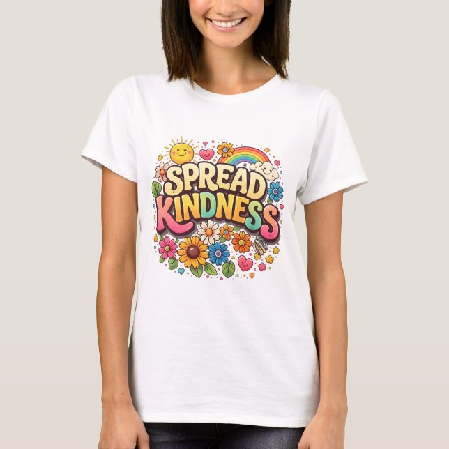 Sprid vänlighet – Söt blommig regnbåge T Shirt (Framsida)