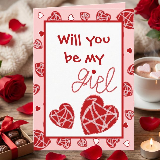 Spridda Röda Hjärtan Valentinskort Kort (Will you be MY girl… or MY Galentine? Customize everything except the crayon-style “girl” word.)