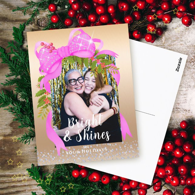 Spridning Rosa Ribbon Photo jul Guld Vykort (Glittering Pink Ribbon Christmas Photo Design.)
