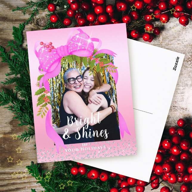 Spridning Rosa Ribbon Photo Julens Rosa Vykort (Glittering Pink Ribbon Christmas Photo Design.)