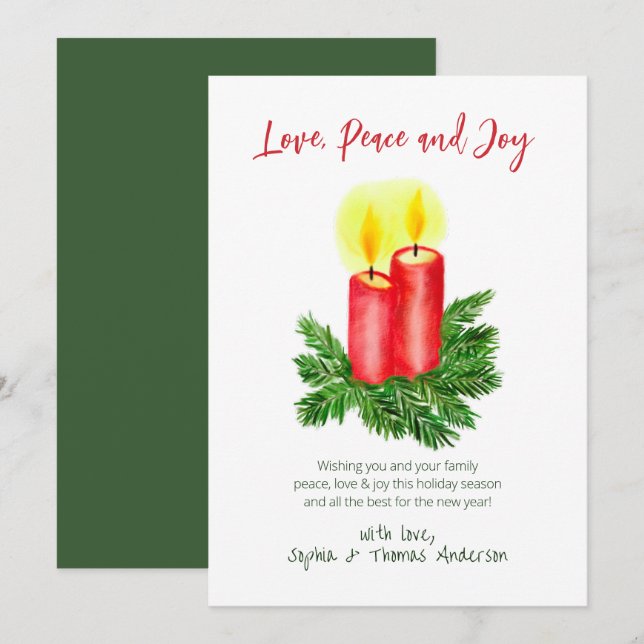 Spridningen av julklappen Candles Peace & Joy Julkort (Fram/baksida)