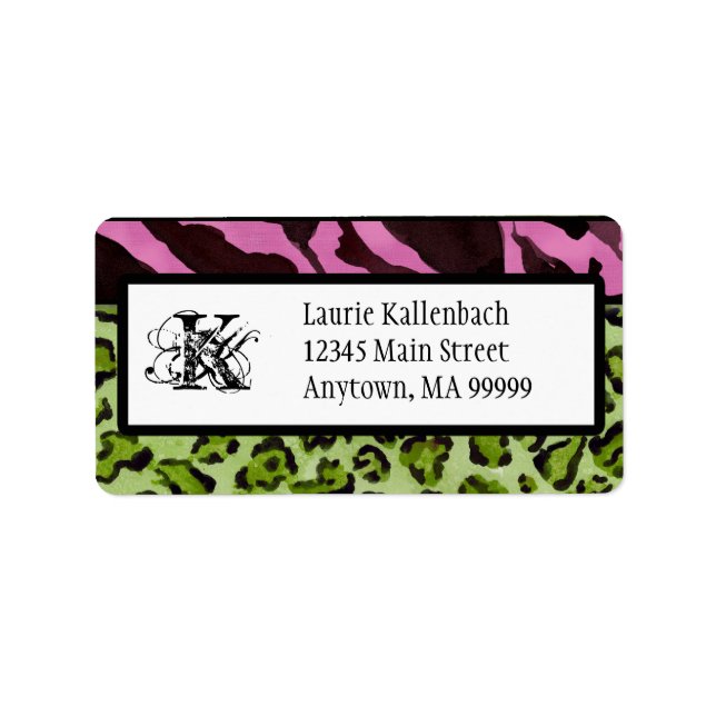 Spridningsetiketter - Zebra 'n Leopard Monogrammed Adressetikett (Framsidan)