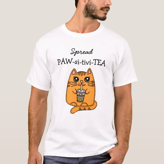 Spridningsposition | Kawaii Cat och Bubble Tea Pun T Shirt (Framsida)