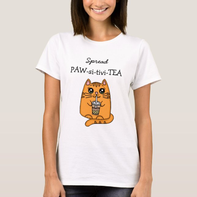 Spridningsposition | Kawaii Cat och Bubble Tea Pun T Shirt (Framsida)