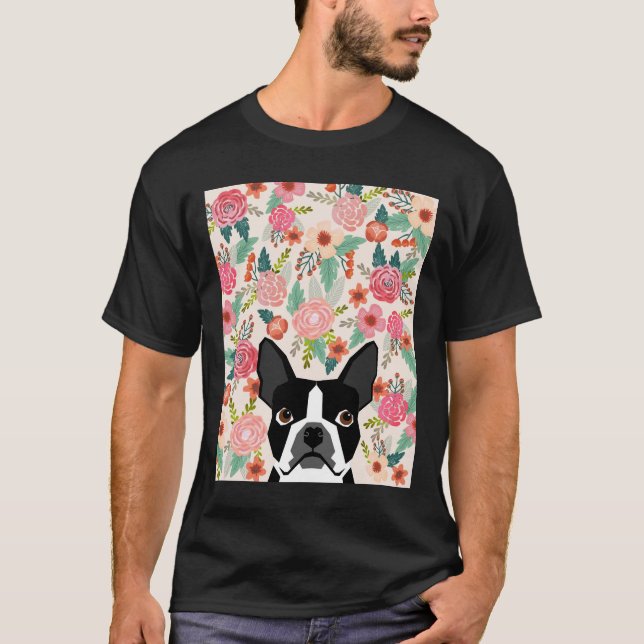 Sprin i Boston Terrier Blommigts Mönster Print Flo T Shirt (Framsida)