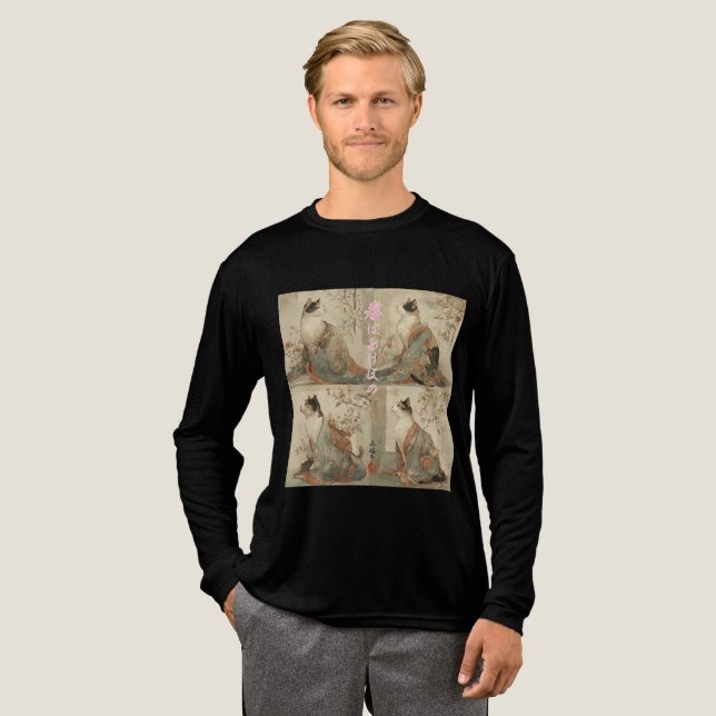 "Spring at Dawn" Japanese Cat in Kimono Art T Shirt (Hel framsida)