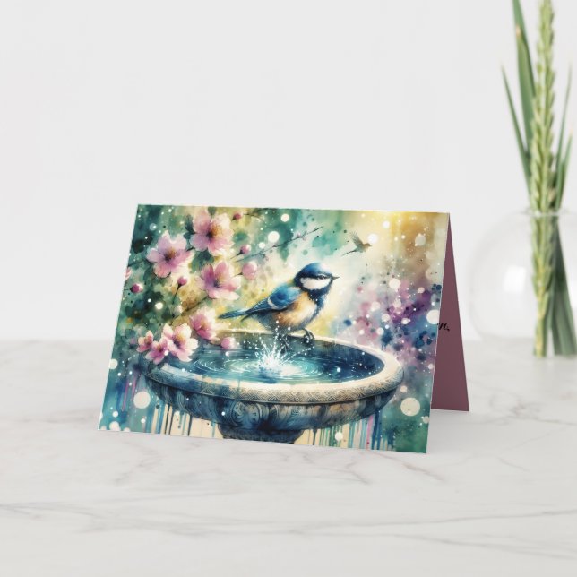 Spring Bird Bath Watercolor  Kort (Framsida)