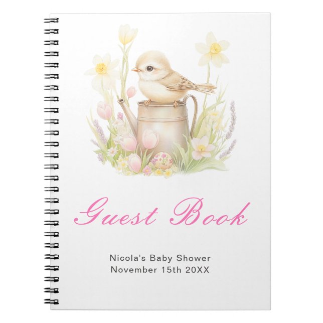 Spring Bird Watering Can Baby Shower Guest Book Anteckningsbok (Framsidan)