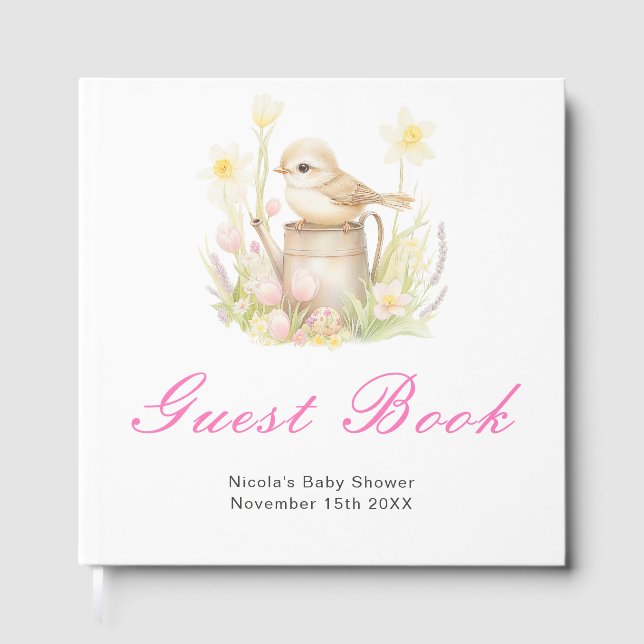 Spring Bird Watering Can Baby Shower Guest Book Gästböcker (Framsida)