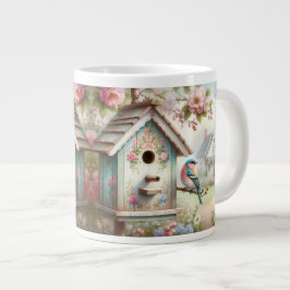 Spring Birdhouse With Pastel Flowers And Bird Jumbo Mugg