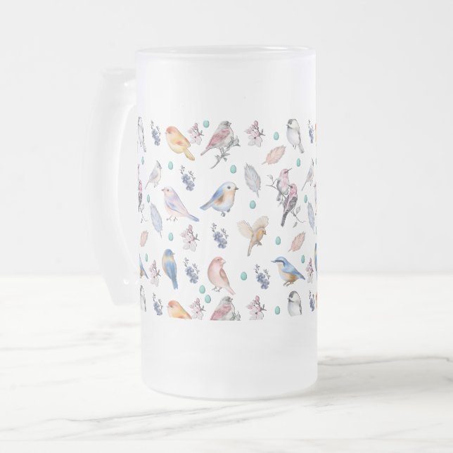 Spring Birds Pattern Frostat Ölglas (Framsida vänster)