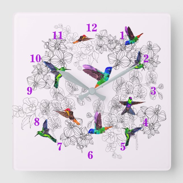 Spring Birds Wall Clock - Hummingbirds Fyrkantig Klocka (Framsida)