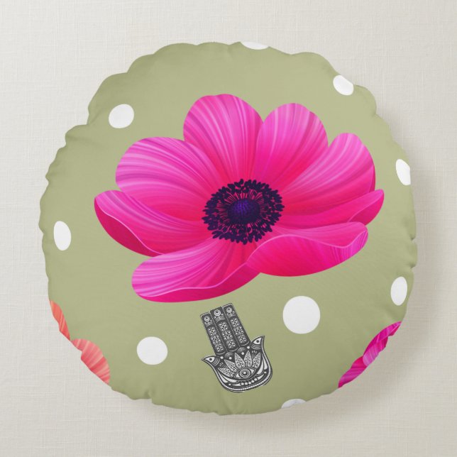 Spring Blossom Harmony: Vibrant Floral Cushion Rund Kudde (Framsidan)
