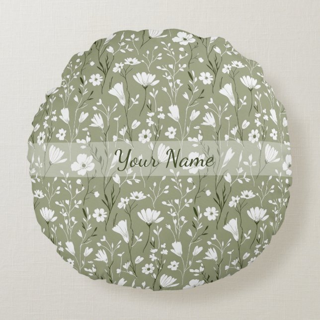 Spring Bobo Wildflowers Sage Green Personalized Rund Kudde (Framsidan)