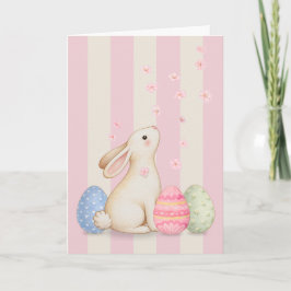 Spring Bunny and Eggs Pink Stripes 5x7 Easter Card Tack Kort