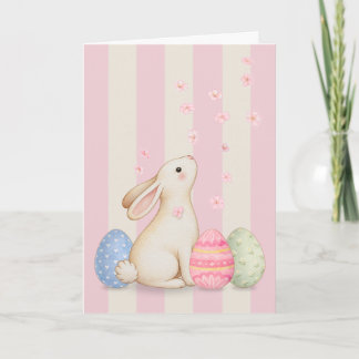 Spring Bunny and Eggs Pink Stripes 5x7 Easter Card Tack Kort