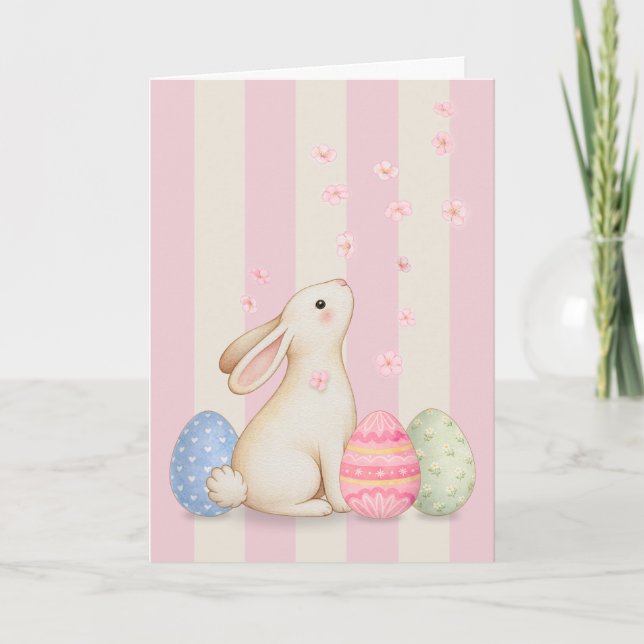 Spring Bunny and Eggs Pink Stripes 5x7 Easter Card Tack Kort (Framsida)