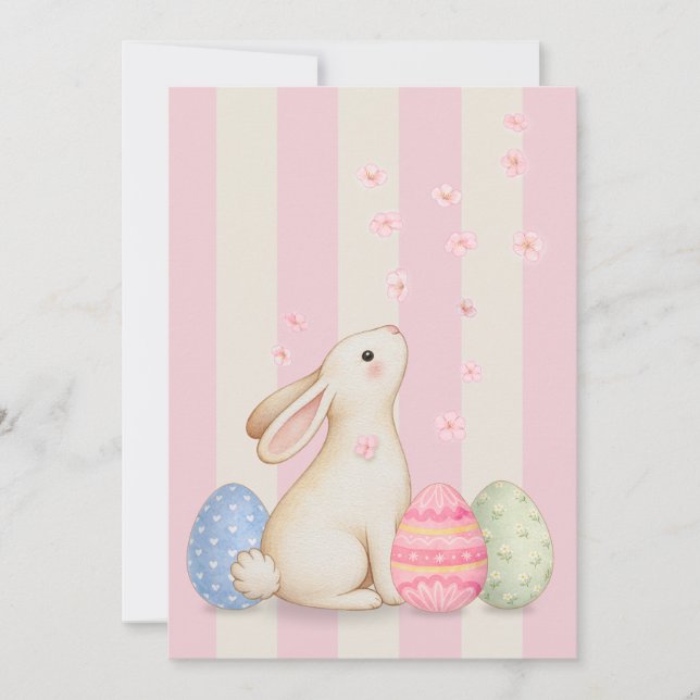 Spring Bunny and Eggs Stripes Flat Easter Card Julkort (Framsida)