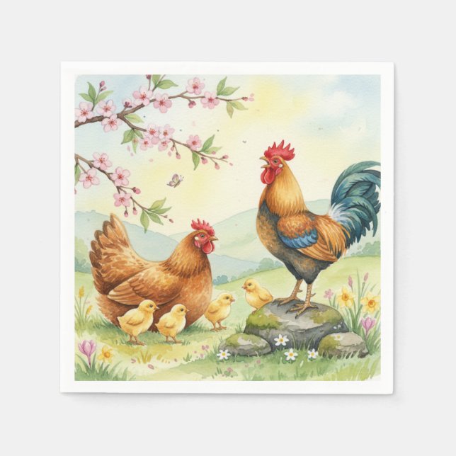 Spring chicken rooster farm country napkins pappersservett (Framsidan)