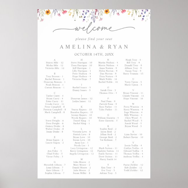 Spring Color Wildflower Alphabetical Seating Chart Poster (Framsidan)