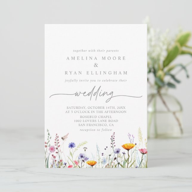 Spring Colorful Wildflower Front & Back Wedding Inbjudningar (Stående Fram)