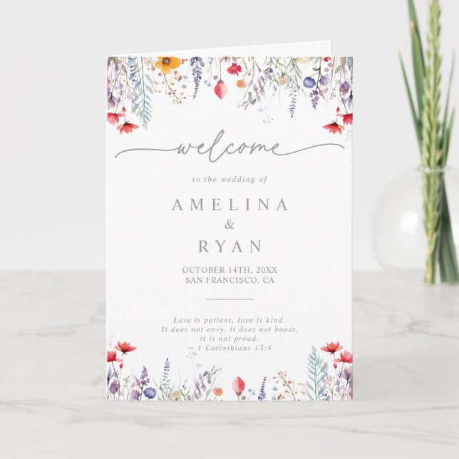 Spring Colorful Wildflower Minimal Folded Wedding Program (Framsida)