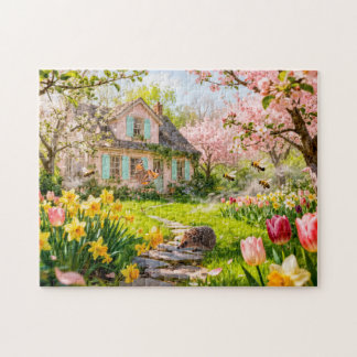 Spring Cottage with Bees, Hedgehog and Blossoming  Pussel