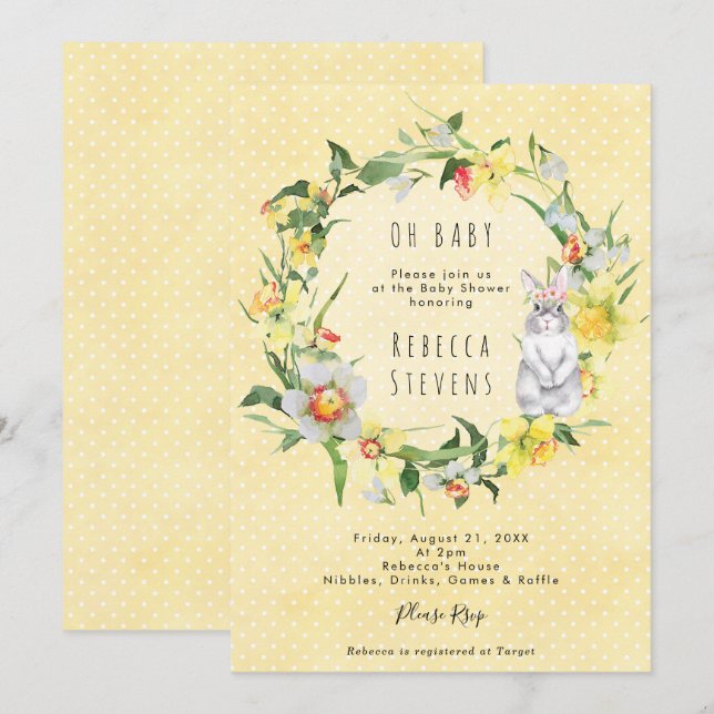 spring daffodil bunny baby shower invitation inbjudningar (Fram/baksida)