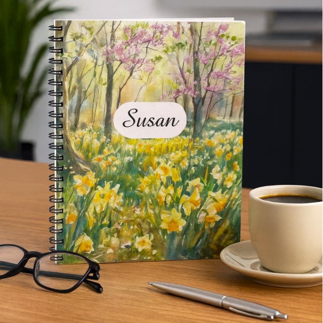 Spring Daffodil Meadow Watercolor Notebook Anteckningsbok (Cheerful Daffodils Blooms Journal Daffodil Forest Art)