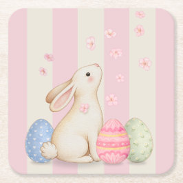 Spring Easter Bunny & Eggs Stripe  Underlägg Papper Kvadrat
