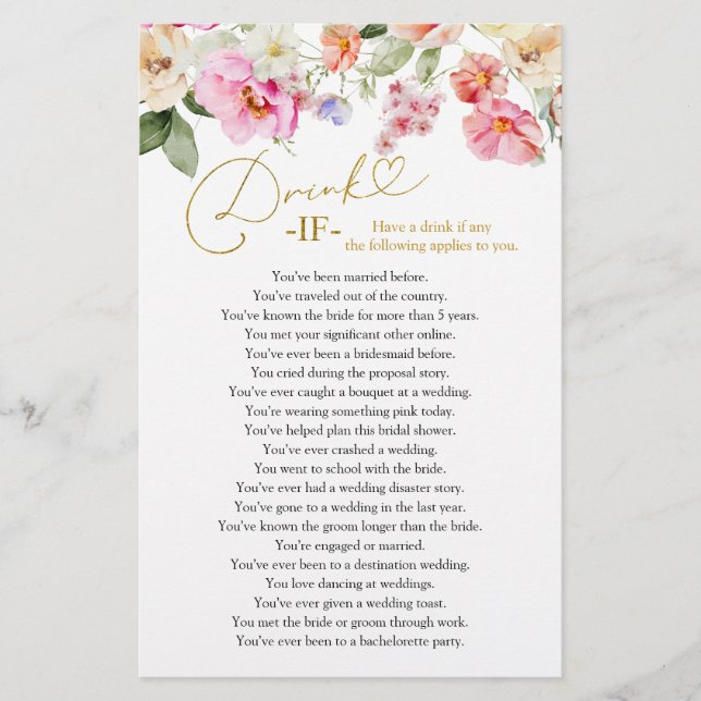 Spring Floral Bridal Shower Drink If Game Cards (Framsida)