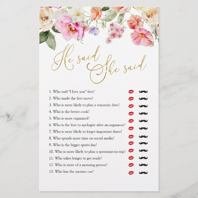 Spring Floral Bridal Shower He Said She Said Game (Framsida)