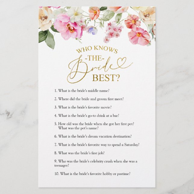 Spring Floral Bridal Shower Knows The Bride Game  (Framsida)