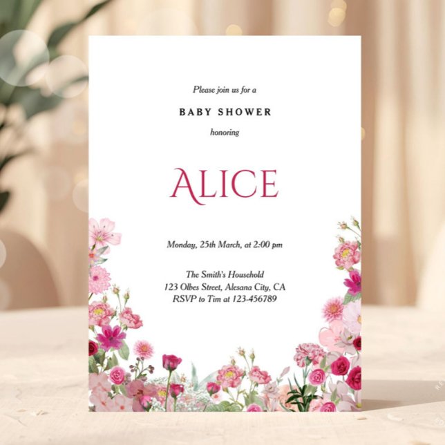 Spring Floral Pink Baby Shower Invitation Chic Inbjudningar (Spring Floral baby shower invitation, Pink baby shower invitation, Baby in bloom invitation, Wildflo)