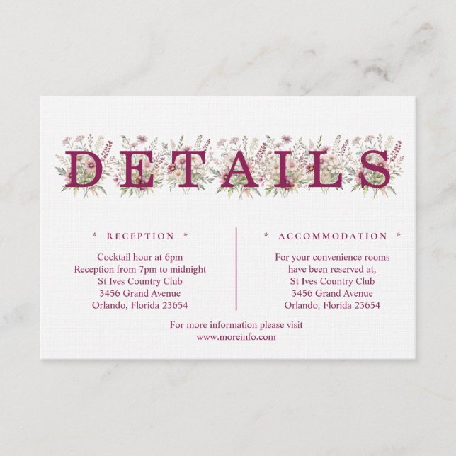 Spring Floral Wine Details Enclosure Card Tilläggskort (Framsida)